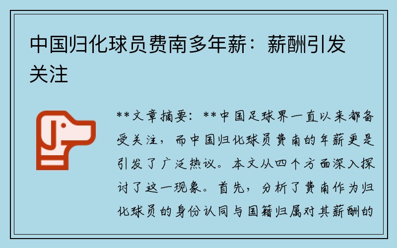 中国归化球员费南多年薪：薪酬引发关注