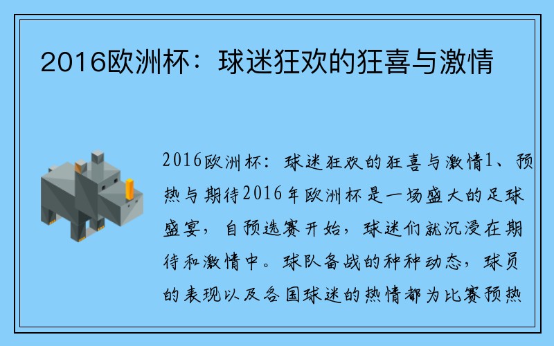 2016欧洲杯：球迷狂欢的狂喜与激情
